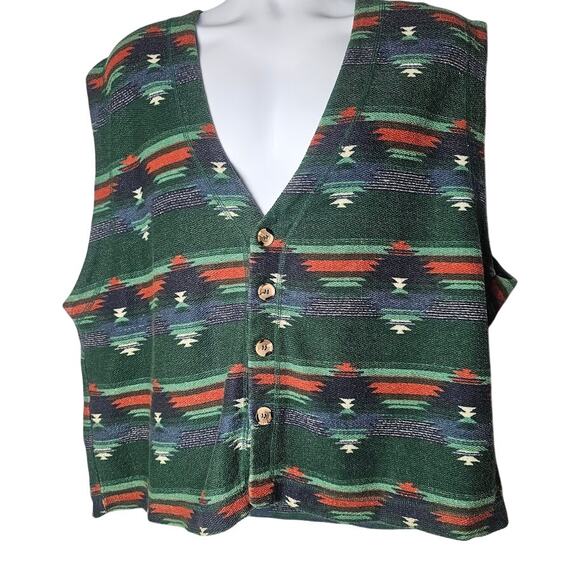 VTG Santana Vest Size Large Green Aztec Print Button Front Western Boho - Picture 1 of 12